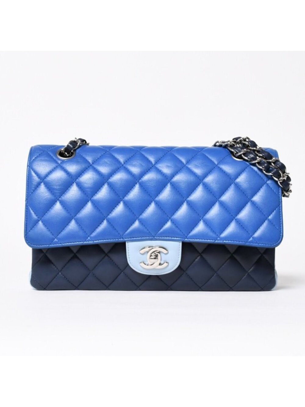 Chanel Quilted Classic Double Flap Shoulder Bag Lambskin Blue Silver